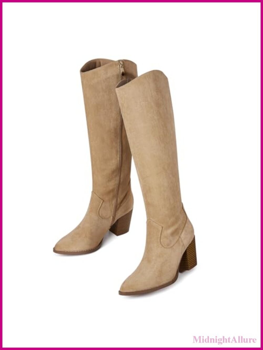 Suede Knee High Boots Block Heel Pointed Toe Side Zipper